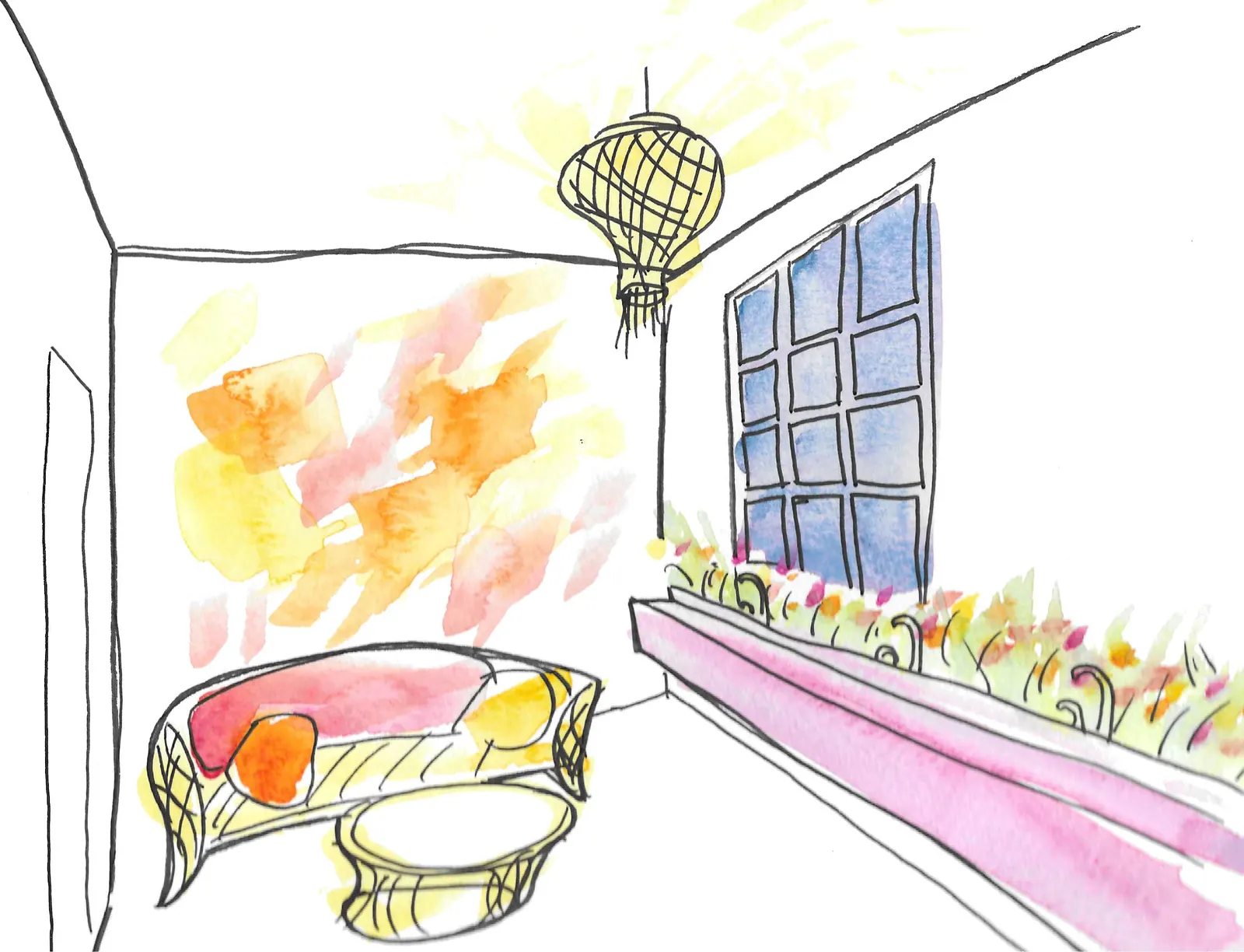 Watercolour sketch of Lyons Den Arcade, the bathroom