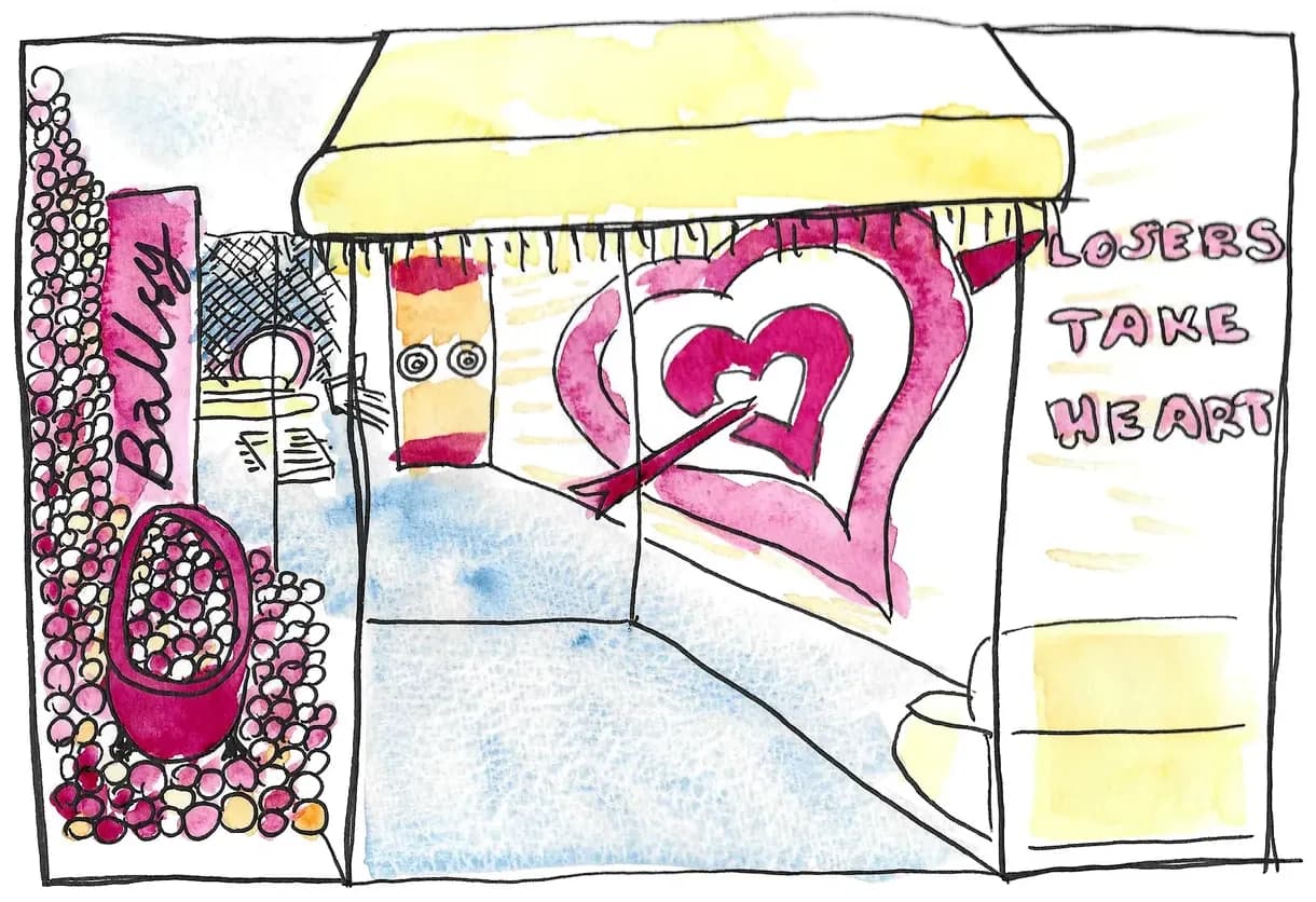 Watercolour sketch of Lyons Den Arcade, the shopfront