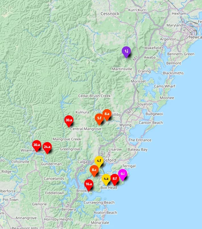 Map of Central Coast bushwalks with campsites