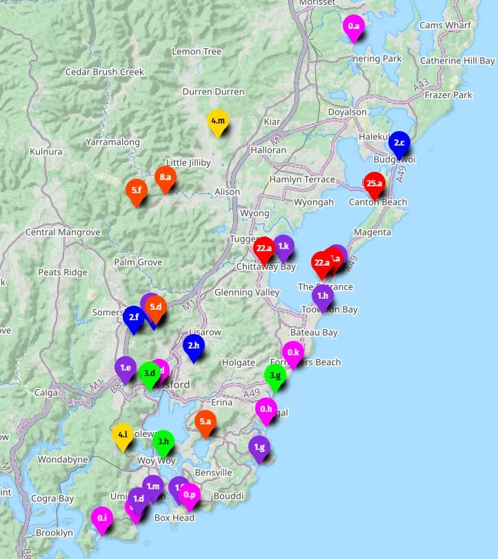 Map of dog walks on the Central Coast