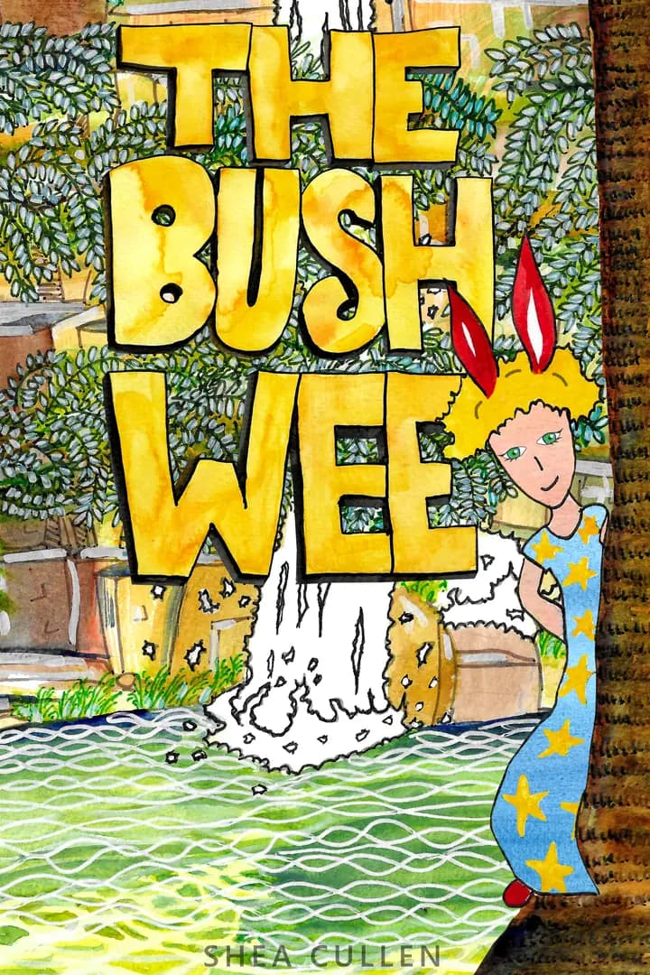 The cover of The Bush Wee: a girl with red bunny ears and a starry blue dress peeks out from behind a tree beside a waterfall