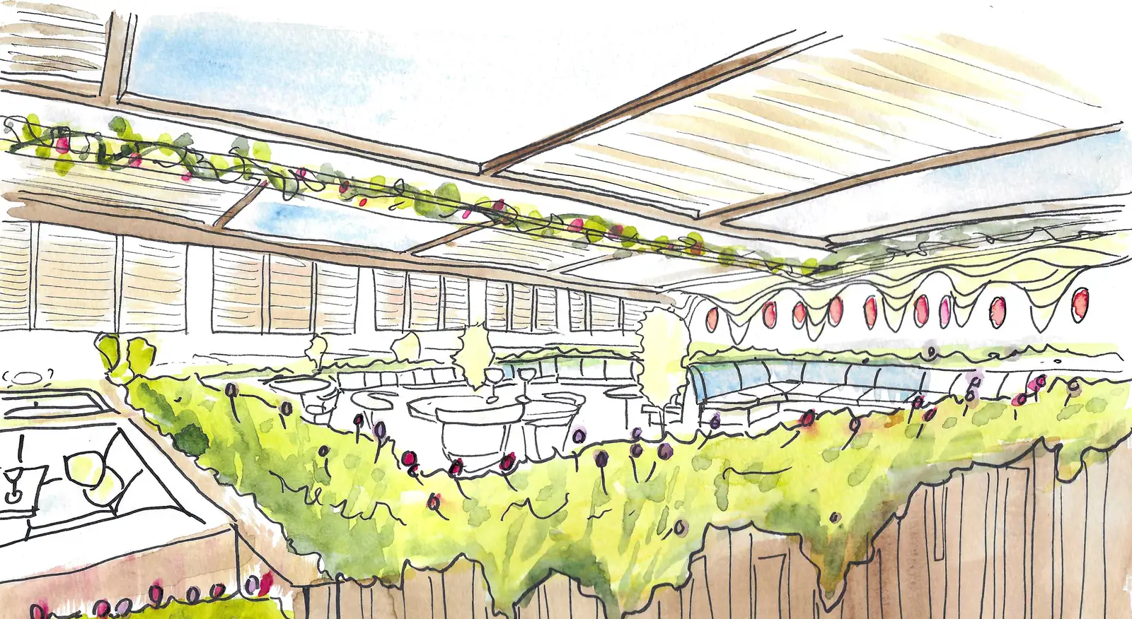 Watercolour sketch of Diggers @ the Entrance outdoor area, dining under the planted pergola