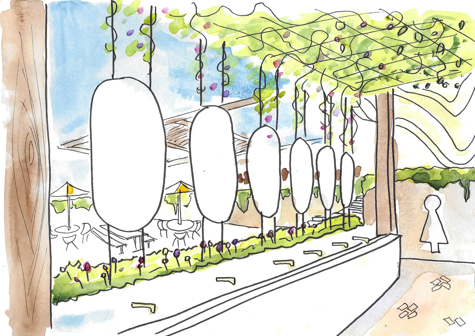 Watercolour sketch of Diggers @ the Entrance outdoor area, the garden walk to the bathrooms