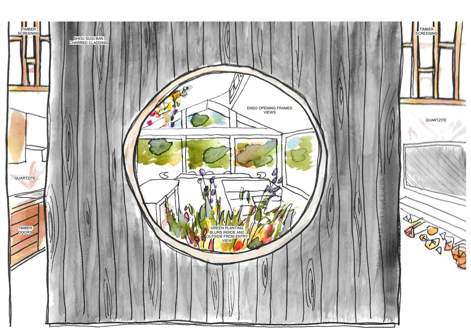 Watercolour sketch of Holgate Extension, a round window through the charred timber wall