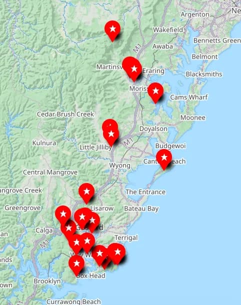 Map of best begginer bushwalks on the central coast