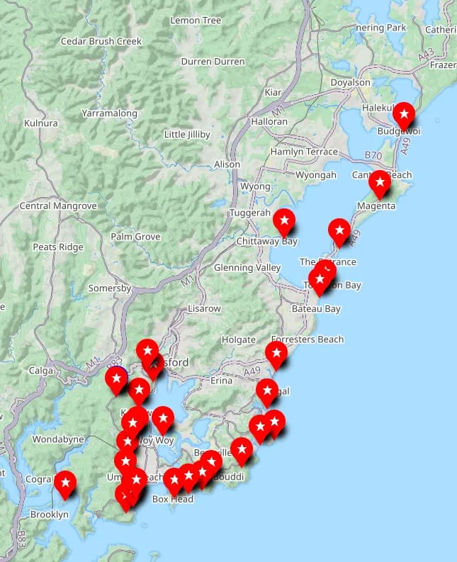 Map of cave walks on the Central Coast