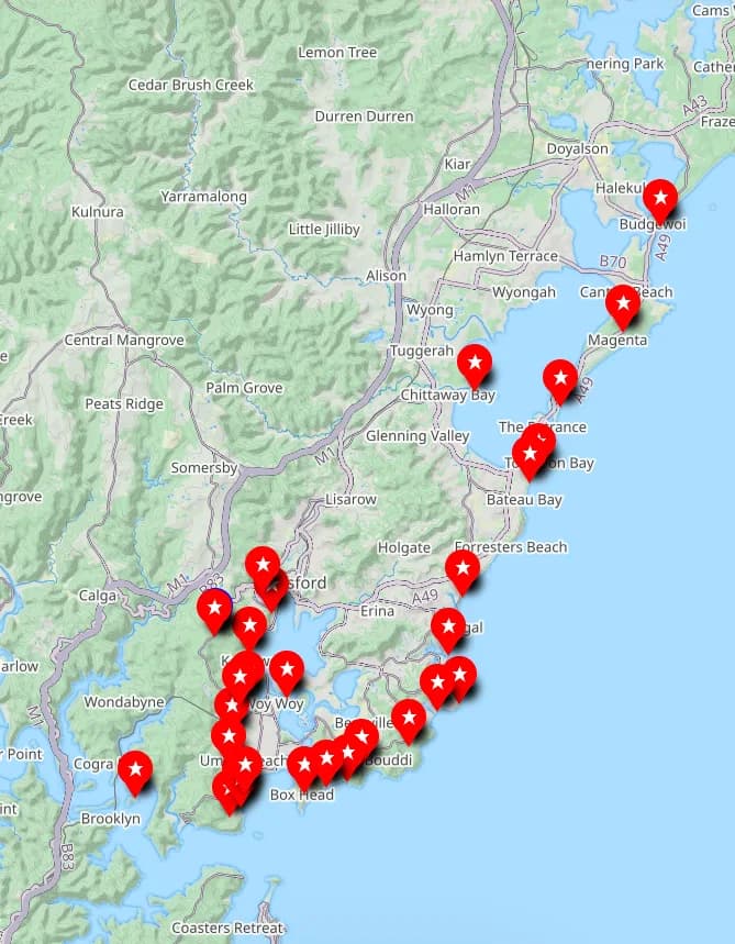Map of best places to view sunrise on the central coast, best central coast sunrise bushwalks