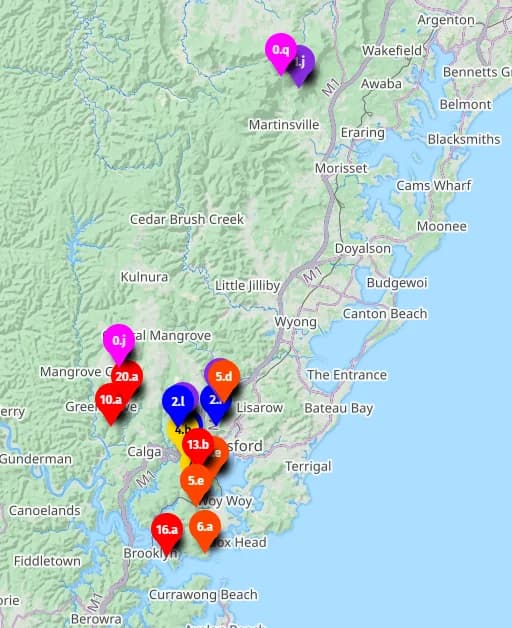 Map of Waterfall bushwalks on the central coast