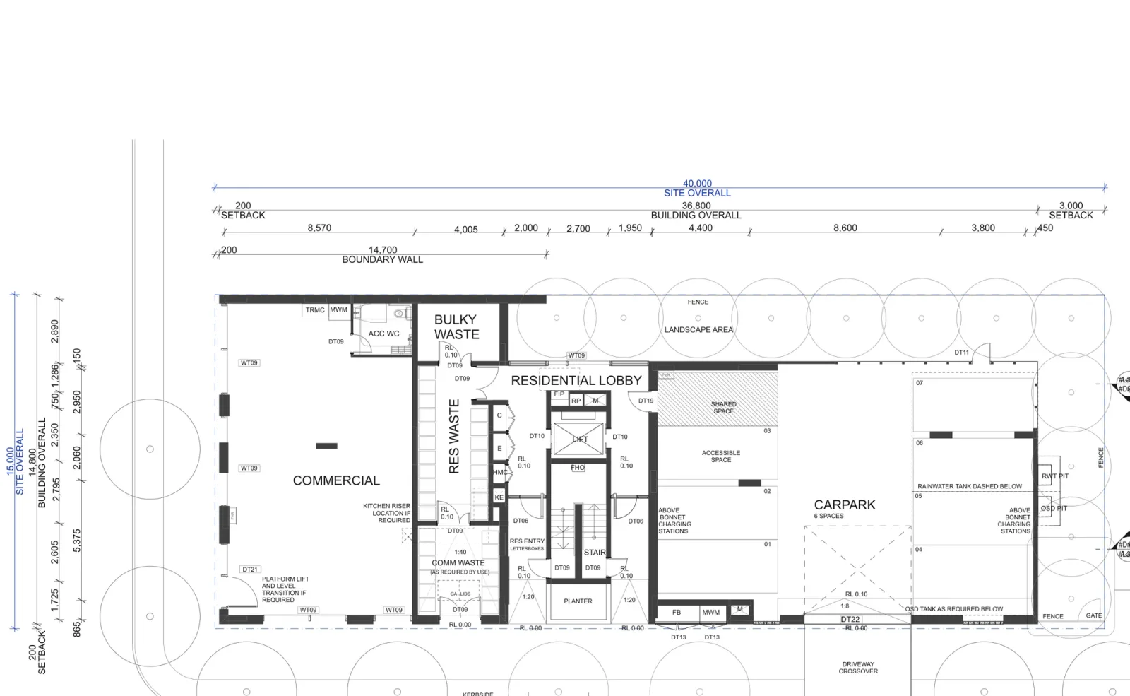 Pattern Book Corner Lot Apartments 01 ground floor plan showing the corner commercial tenancy, the residential entry and the parking behind