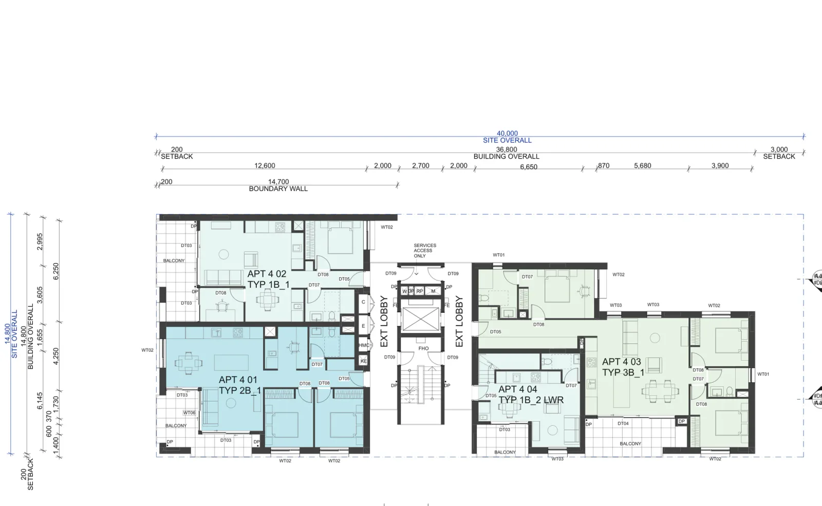 Level 4 plan of Corner Lot Apartments 01 with four apartments around the central lift and stair core
