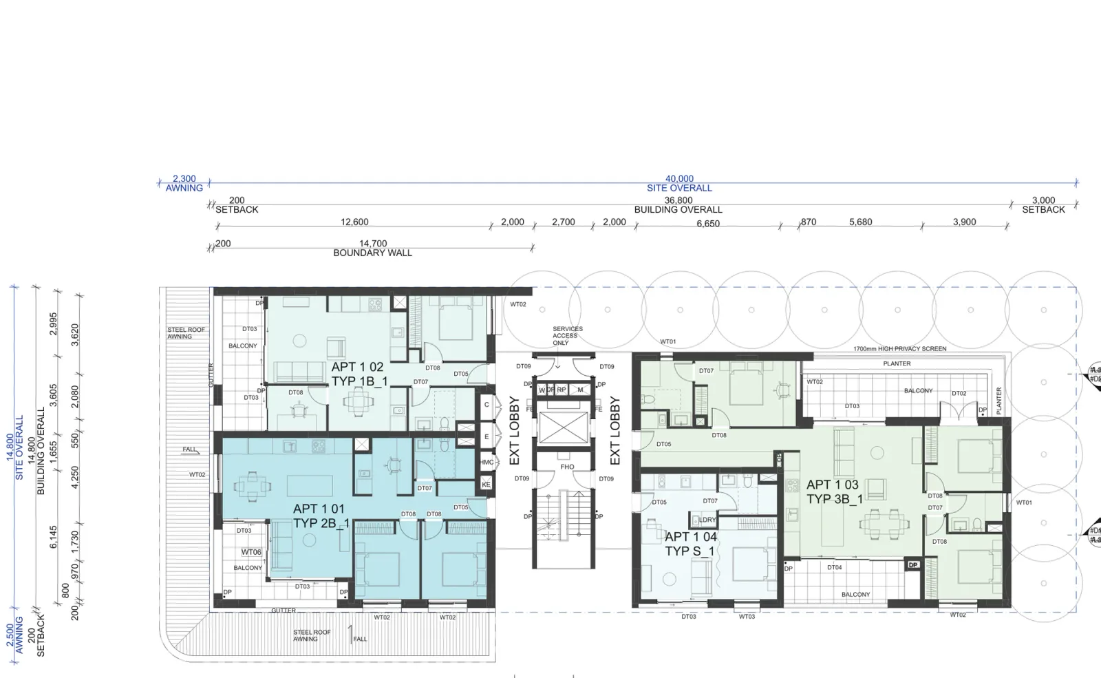 Level 1 plan of Corner Lot Apartments 01 with apartments either side of the central lift and stair core