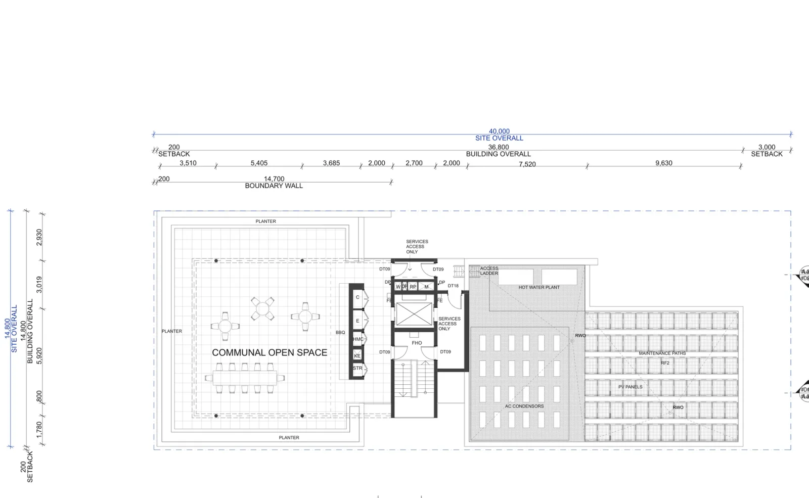 Level 6 plan of Corner Lot Apartments 01 showing the communal roof with outdoor space, building services and solar panels
