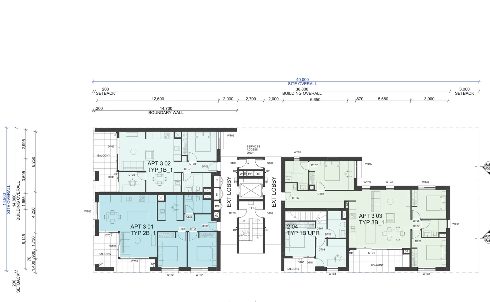 Level 3 plan of Corner Lot Apartments 01 with three apartments and the upper floor of a split level apartment around the central core