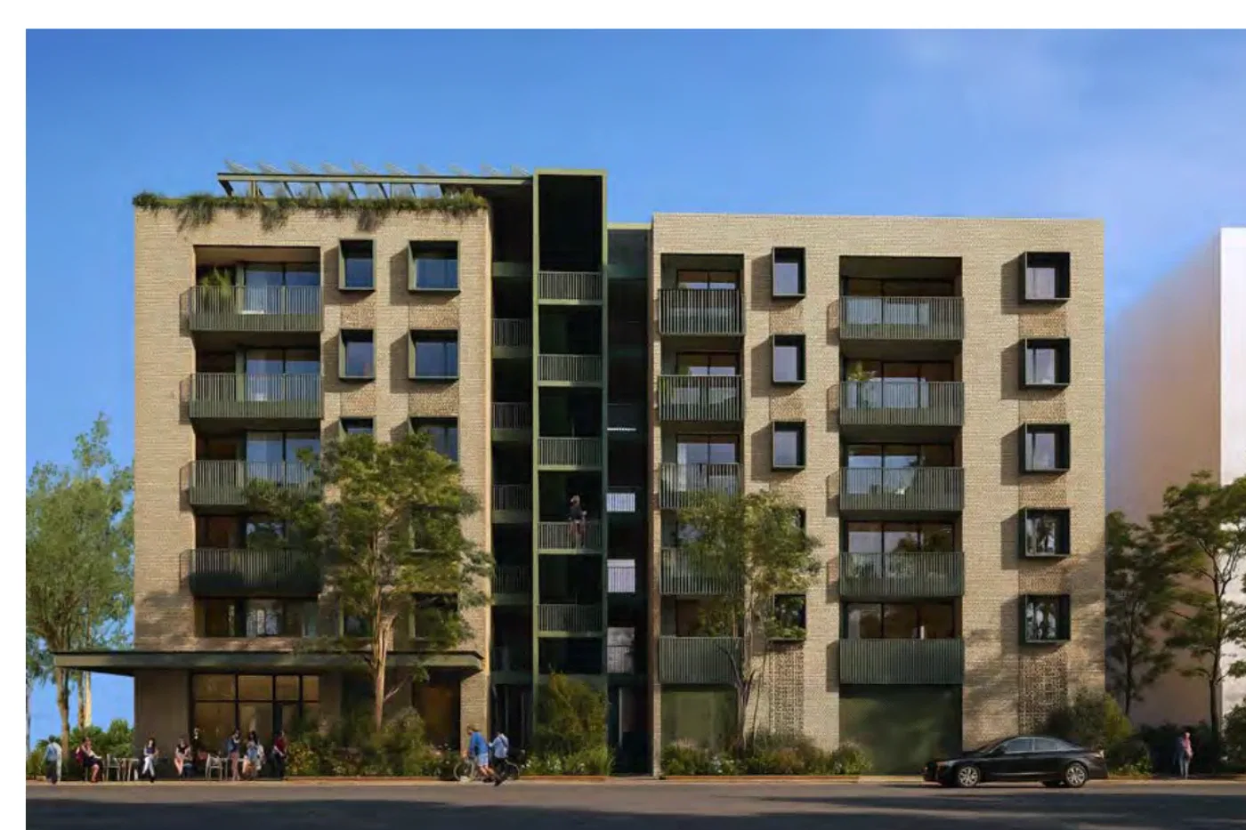 Street facade of Corner Lot Apartments 01 in the Eucalypt material palette, in pale brick with sage green metalwork