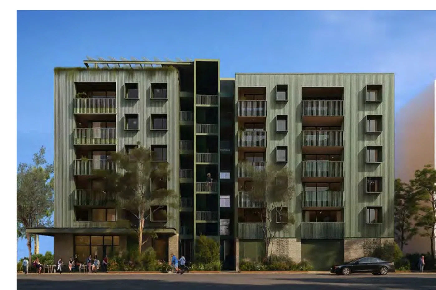 Street facade of Corner Lot Apartments 01 in the Forest material palette, with a pale masonry base and dark green cladding above