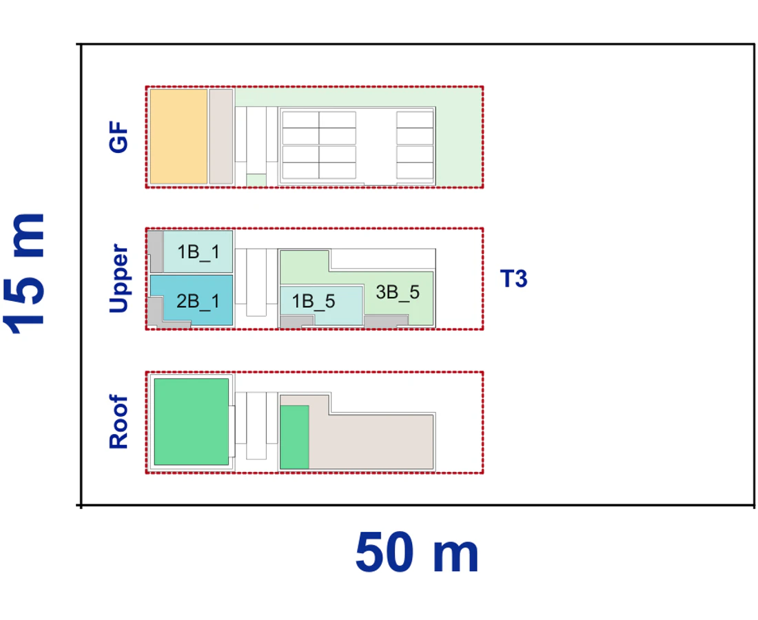 Site plan of Corner Lot Apartments 01 on a 15 by 50 metre corner block, showing the ground floor, the apartment level above and the communal roof