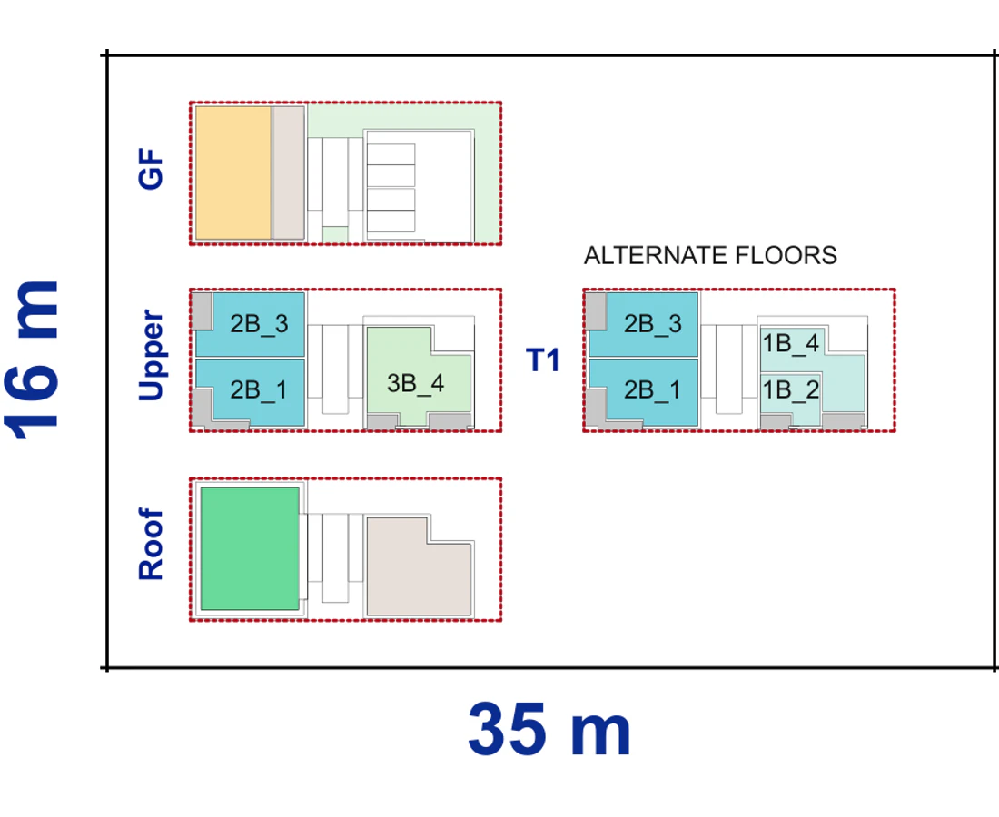 Site plan of Corner Lot Apartments 01 on a 16 by 35 metre corner block, showing the ground floor, the alternate upper floor layouts and the communal roof