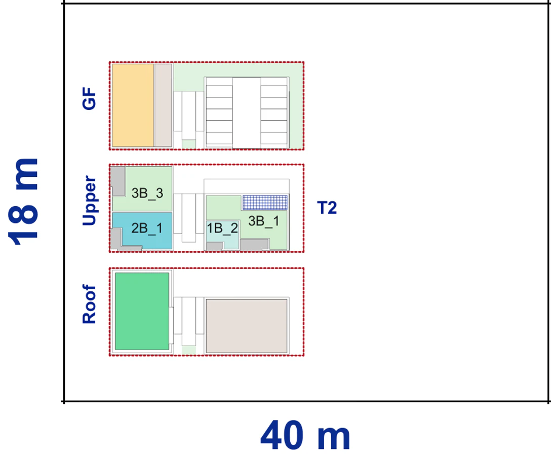 Site plan of Corner Lot Apartments 01 on an 18 by 40 metre corner block, showing the ground floor, the apartment level above and the communal roof