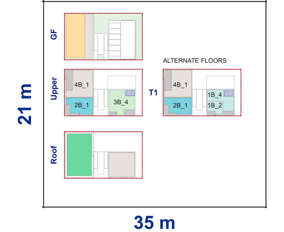Site plan of Corner Lot Apartments 01 on a 21 by 35 metre corner block, showing the ground floor, the apartment level above and the communal roof