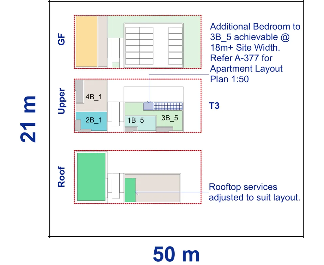 Site plan of Corner Lot Apartments 01 on a 21 by 50 metre corner block, showing the ground floor, the apartment level above and the communal roof