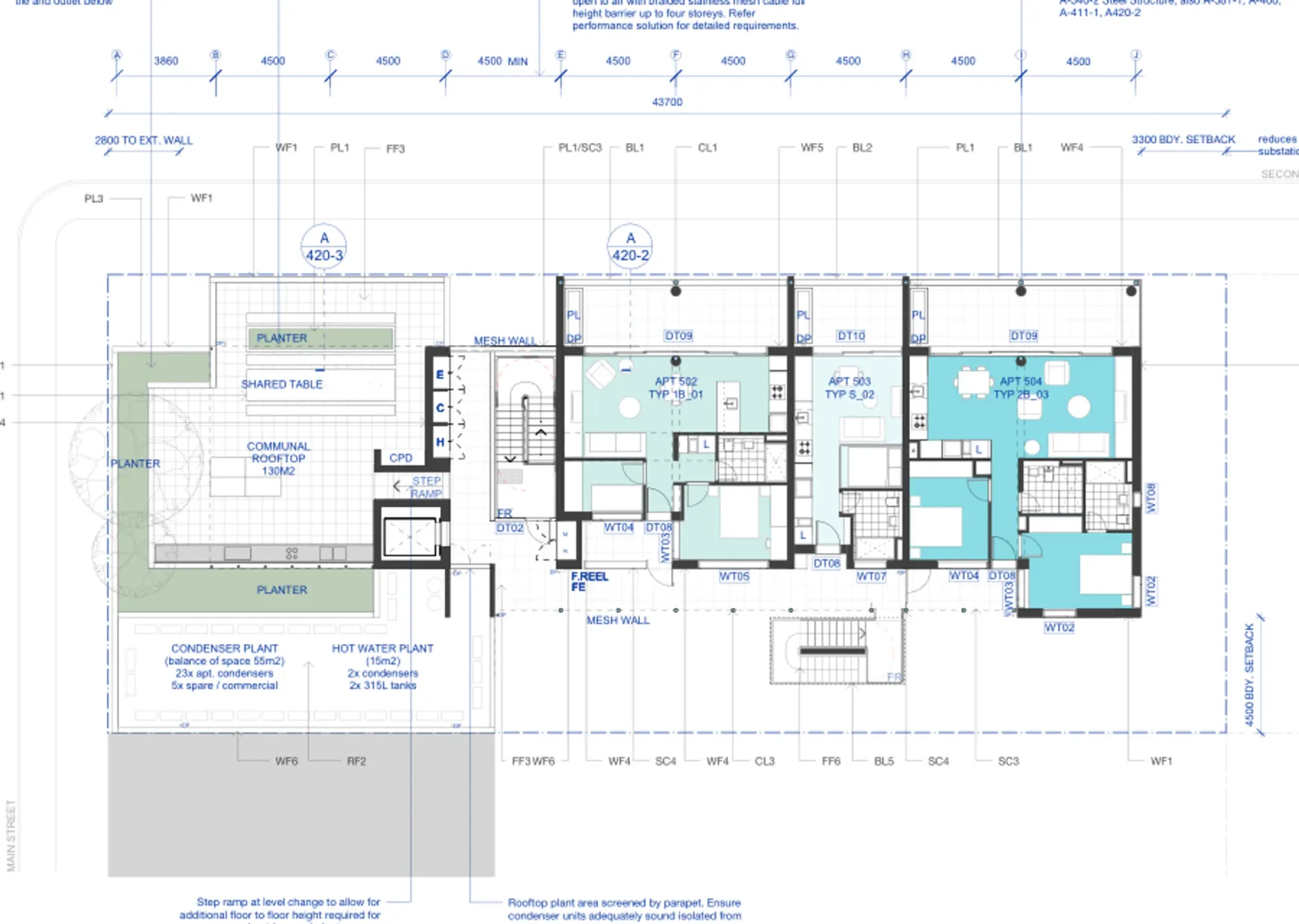 Level 5 plan showing three apartments beside the landscaped communal roof terrace, with planting, a shared table and building services