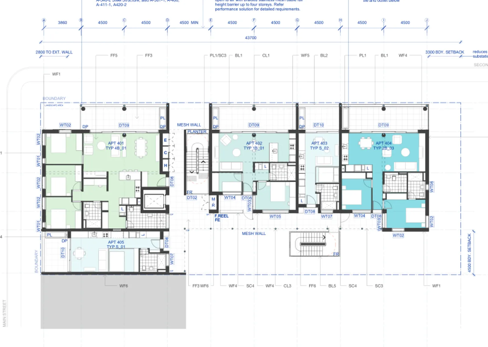 Level 4 plan showing the typical upper floor apartment mix around the open gallery, with the lift, stair and balconies