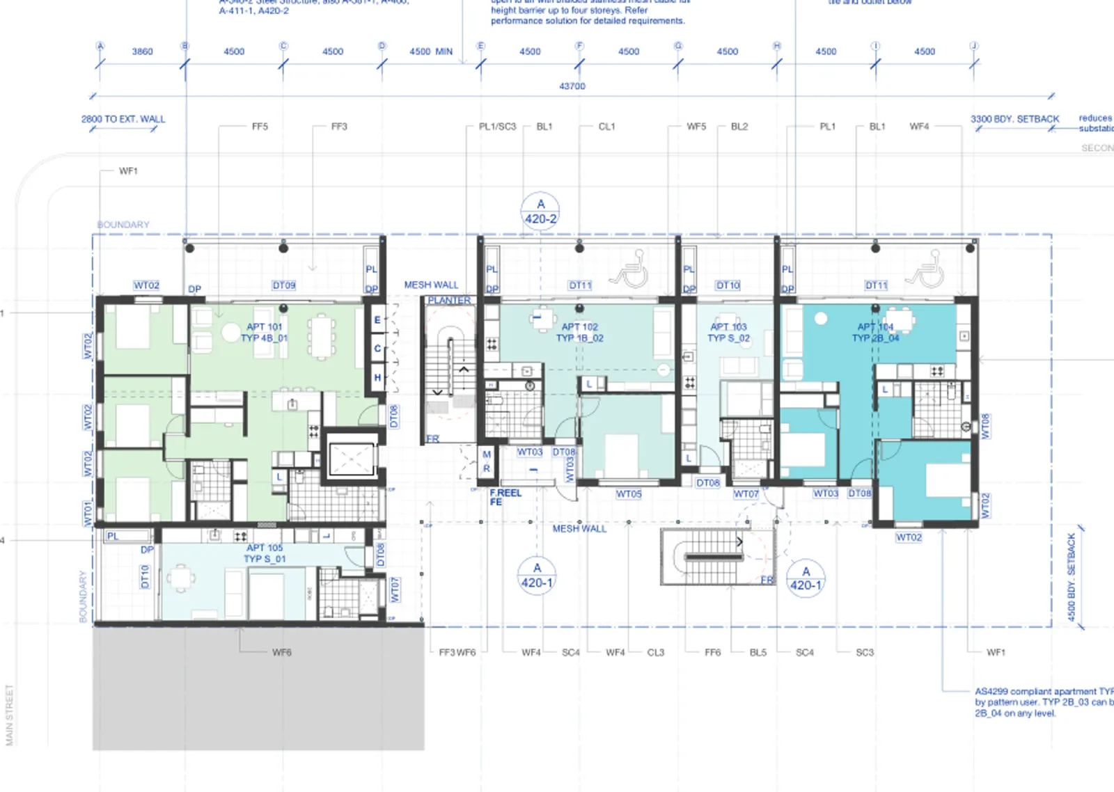 Level 1 plan showing five apartments reached from an open gallery, with the lift, stair, entry porches and balconies