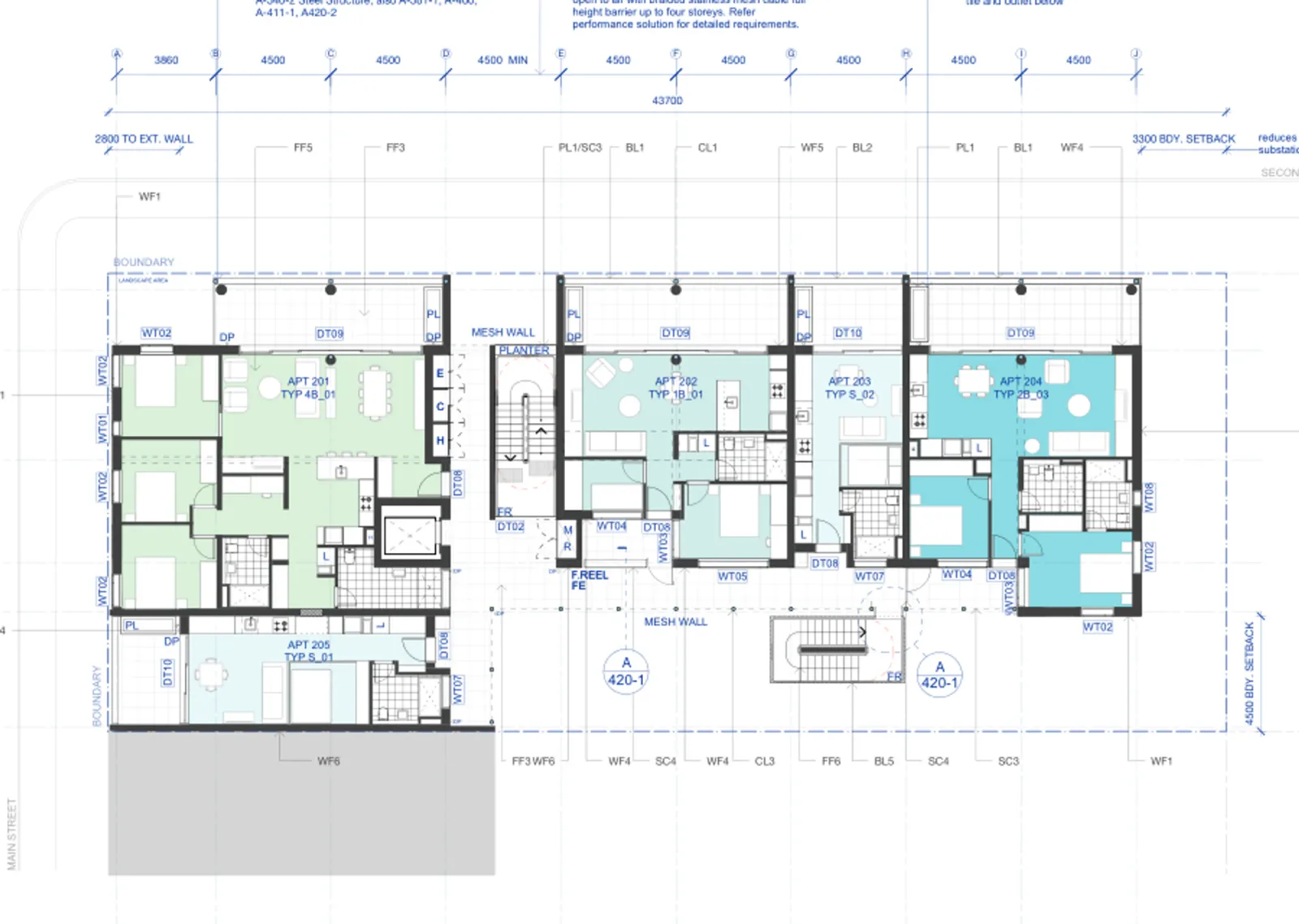 Level 2 plan showing the typical upper floor apartment mix around the open gallery, with the lift, stair and balconies