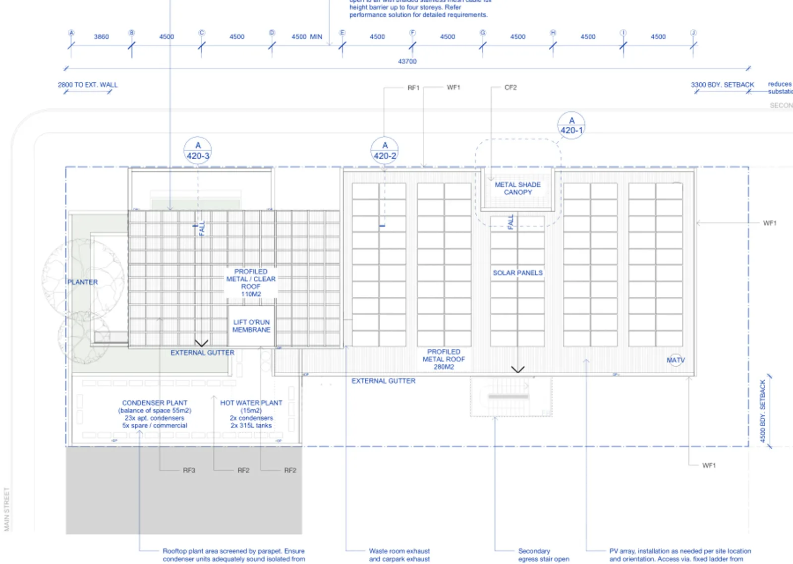 Roof plan showing the solar panel array, the profiled roof, clear roof sections, drainage and the lift overrun