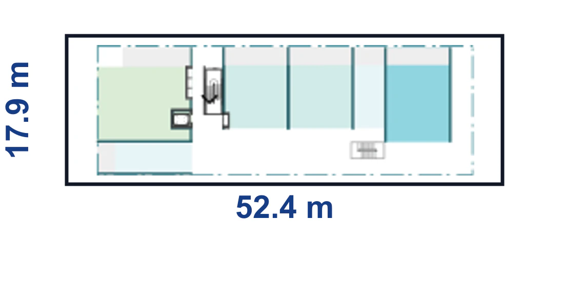 Adaptation plan for a mid length base width corner site, 17.9 by 52.4 metres, showing the full boundary, the base apartment modules and the adaptable upper floor arrangement