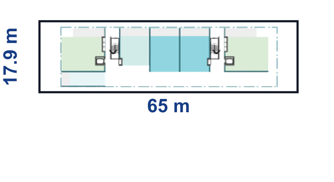 Adaptation plan for the longest base width corner site, 17.9 by 65 metres, showing the full boundary, the base apartment modules and the second stair and lift core the longest buildings carry