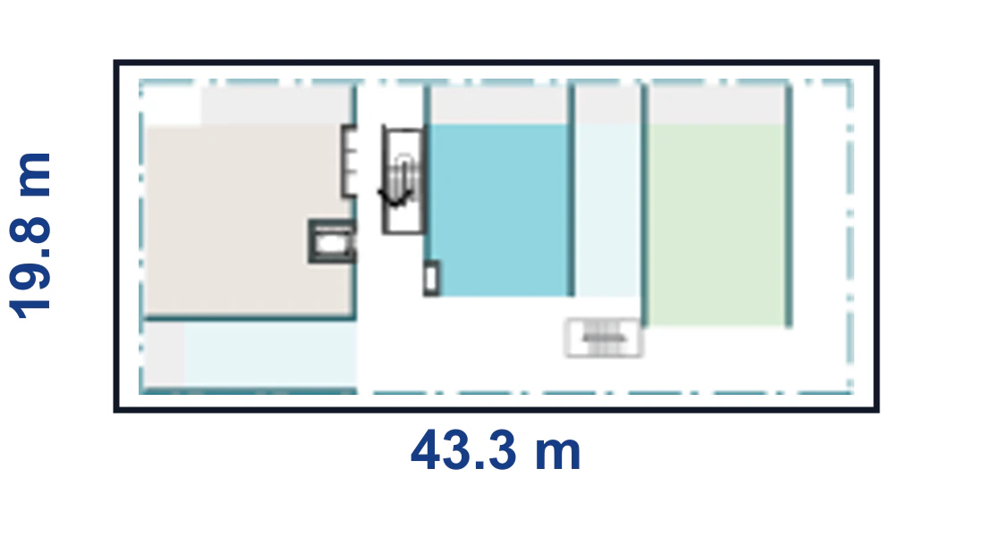 Adaptation plan for the shortest wide corner site, 19.8 by 43.3 metres, showing the full boundary, the wide apartment modules and the adaptable upper floor arrangement