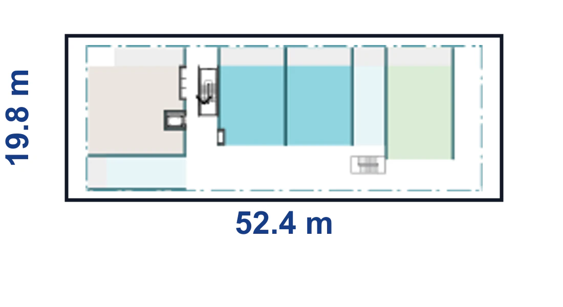 Adaptation plan for a mid length wide corner site, 19.8 by 52.4 metres, showing the full boundary, the wide apartment modules and the adaptable upper floor arrangement