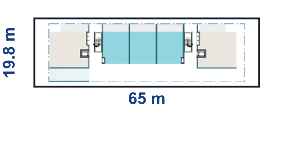 Adaptation plan for the largest drawn corner site, 19.8 by 65 metres, showing the full boundary, the wide apartment modules, the second core and the adaptable upper floor arrangement