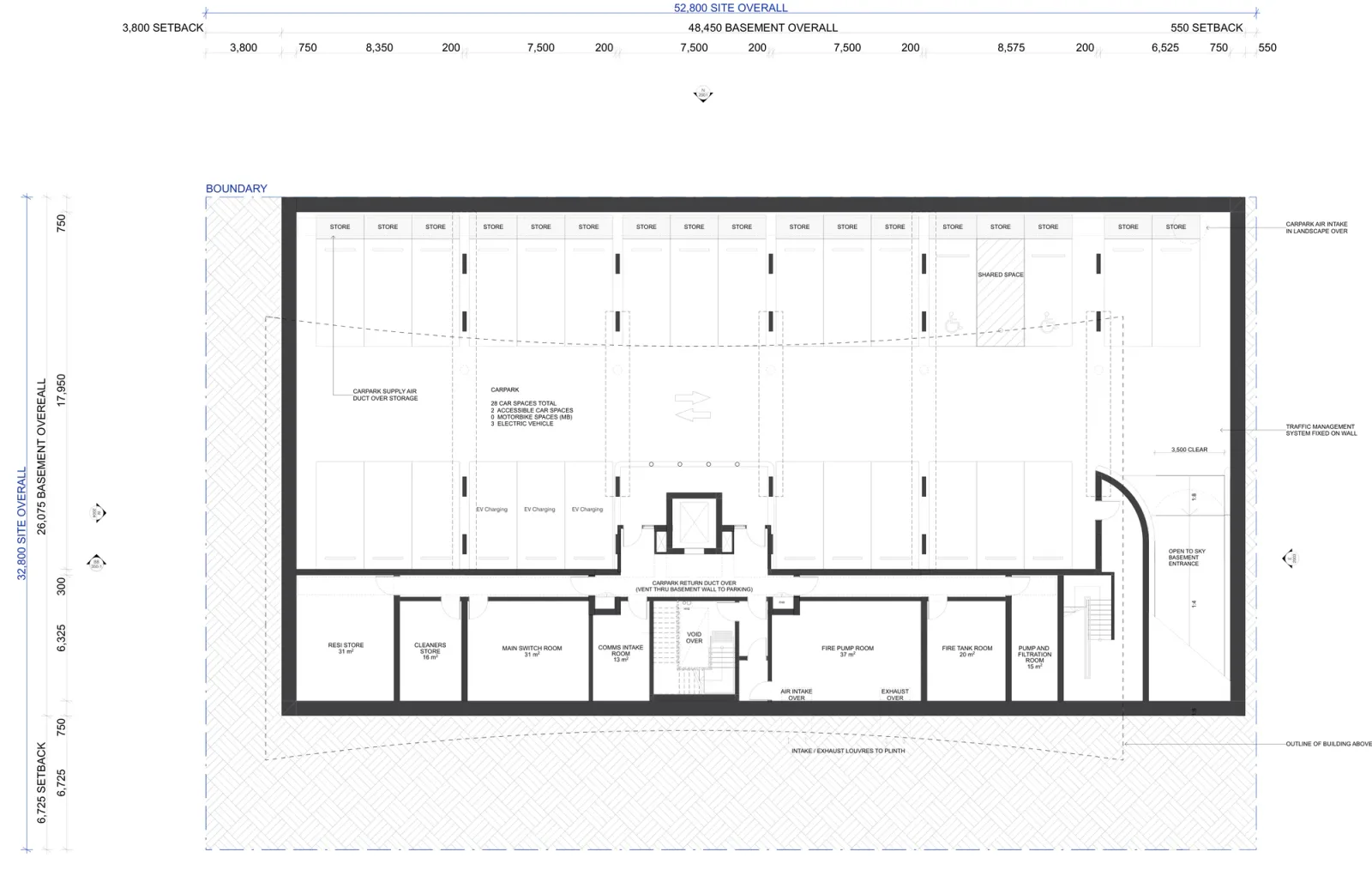 Basement parking plan showing 28 car spaces including accessible bays, resident storage, plant rooms, the lift, the stair and the entry ramp