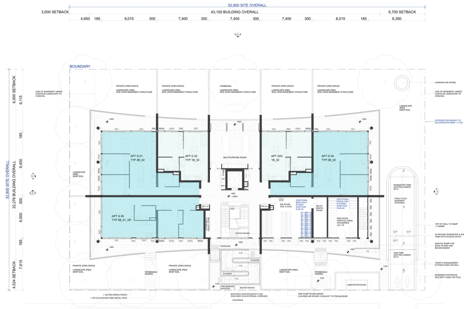 Ground floor plan over basement parking showing five apartments, a multipurpose room, the lobby, lift, stair, waste room and landscaped private and communal open space