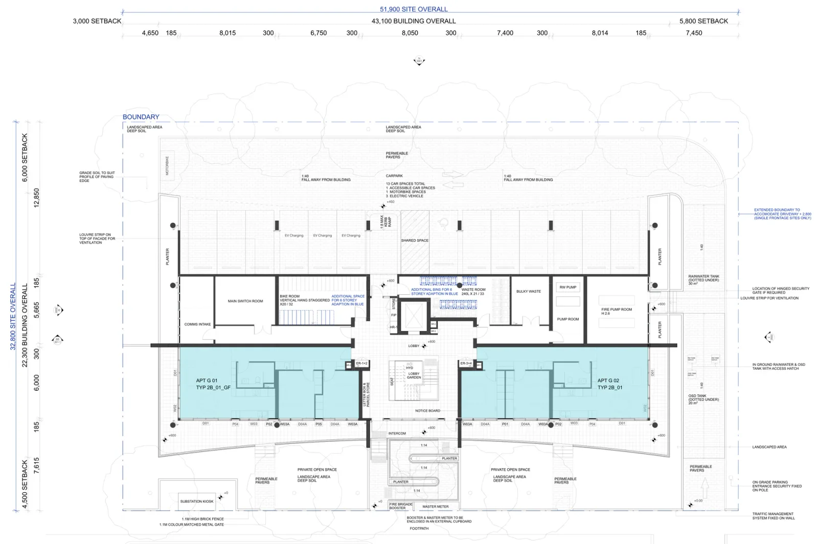 Ground floor plan with parking at grade showing two apartments, 13 car spaces, bike and waste rooms, the lobby, lift, stair and landscaping