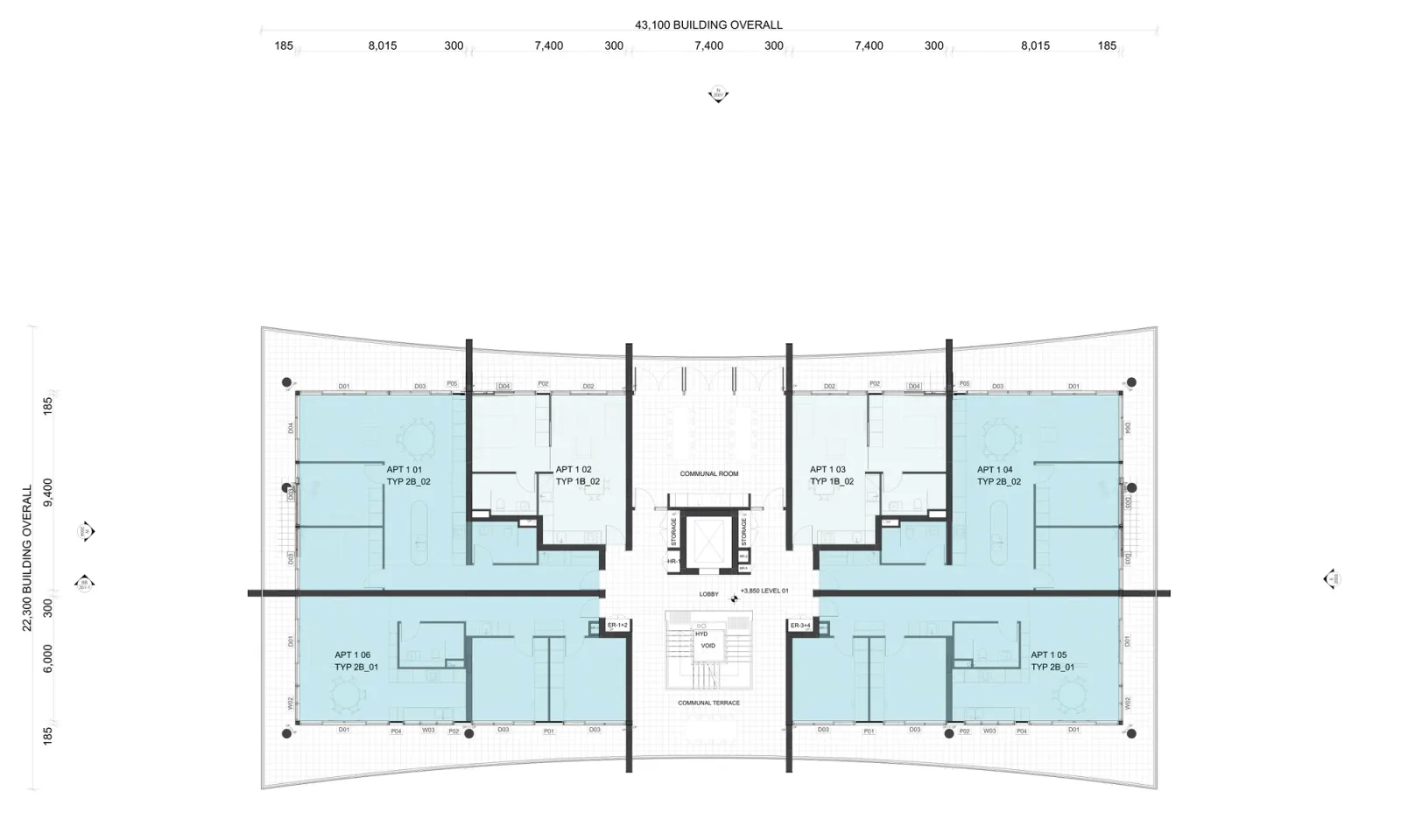 Level 1 plan above on grade parking showing six apartments, a communal room, the open stair, lift, terrace and wrap around balconies