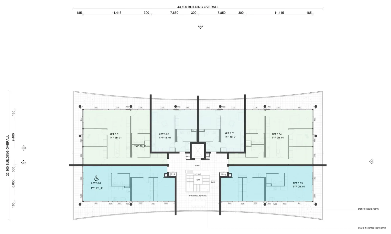 Level 3 plan showing six apartments, the open stair, lift, communal terrace and wrap around balconies