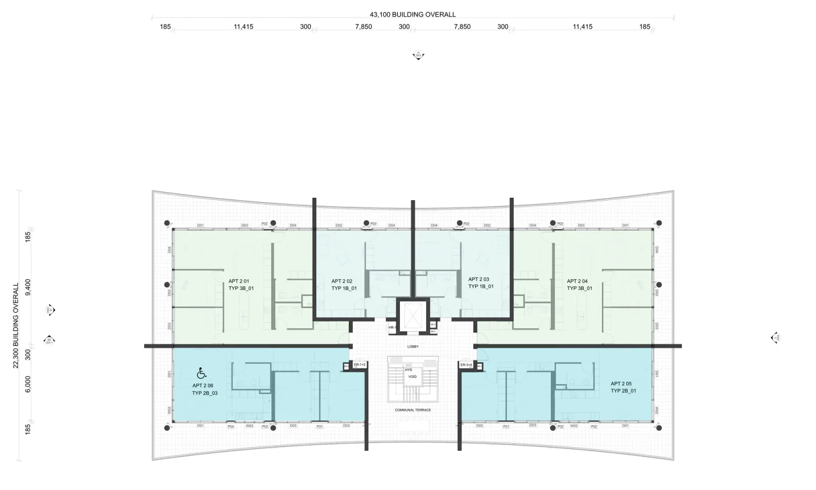 Typical plan for Levels 1 and 2 showing six apartments, the open stair, lift, communal terrace and wrap around balconies