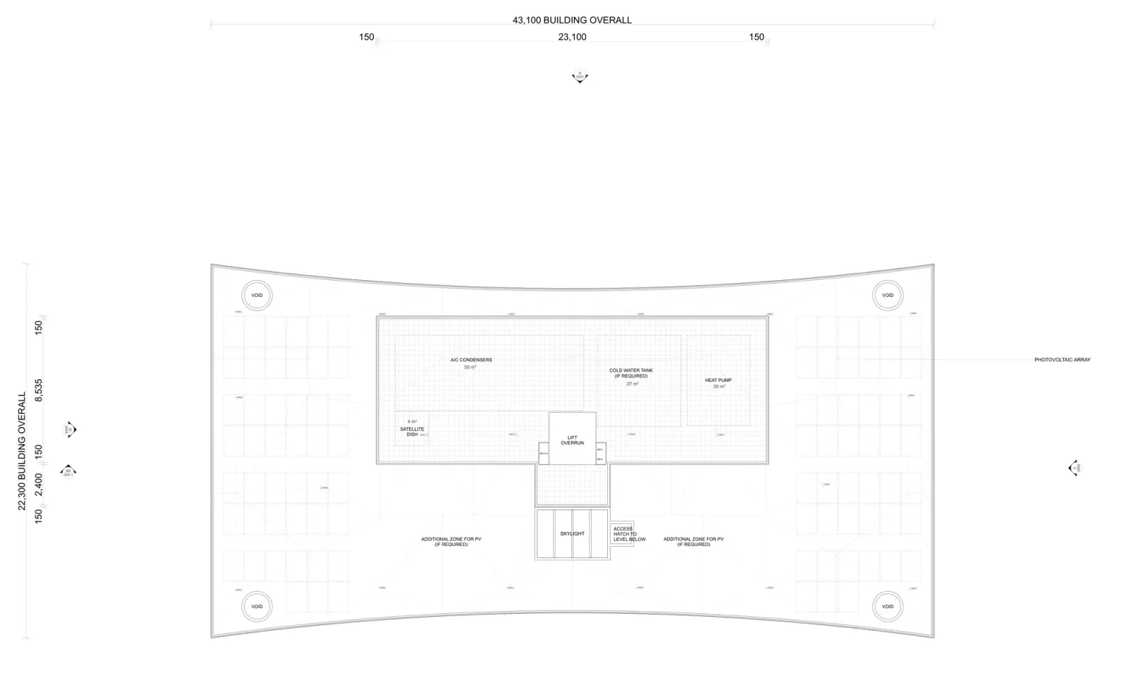 Roof plan showing photovoltaic arrays, plant, the lift overrun, a skylight and the optional additional solar zones