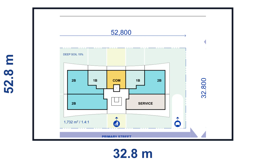Site plan for a four storey scheme with basement parking on a mid lot with a single street frontage, 52.8 by 32.8 metres, showing the lot boundary, building footprint, street and basement ramp