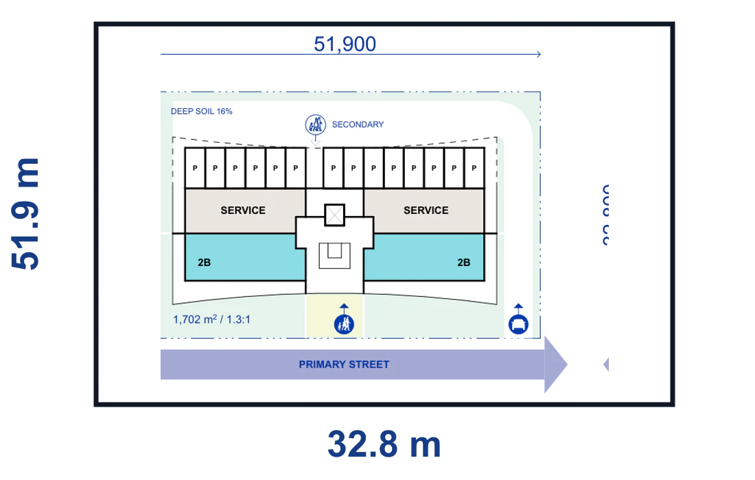 Site plan for a four storey scheme with on grade parking on a mid lot with a single street frontage, 51.9 by 32.8 metres, showing the lot boundary, building footprint, street and vehicle crossover