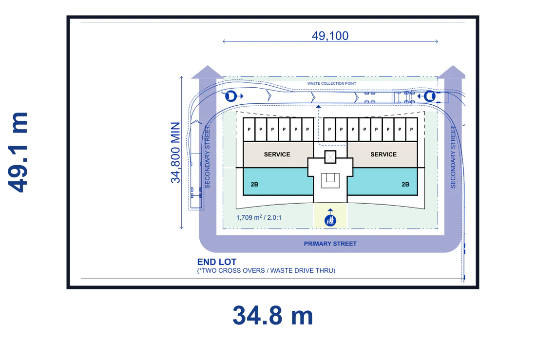 Site plan for a six storey scheme with on grade parking on an end lot, 49.1 by 34.8 metres, showing the lot boundary, building footprint, side street and parking access
