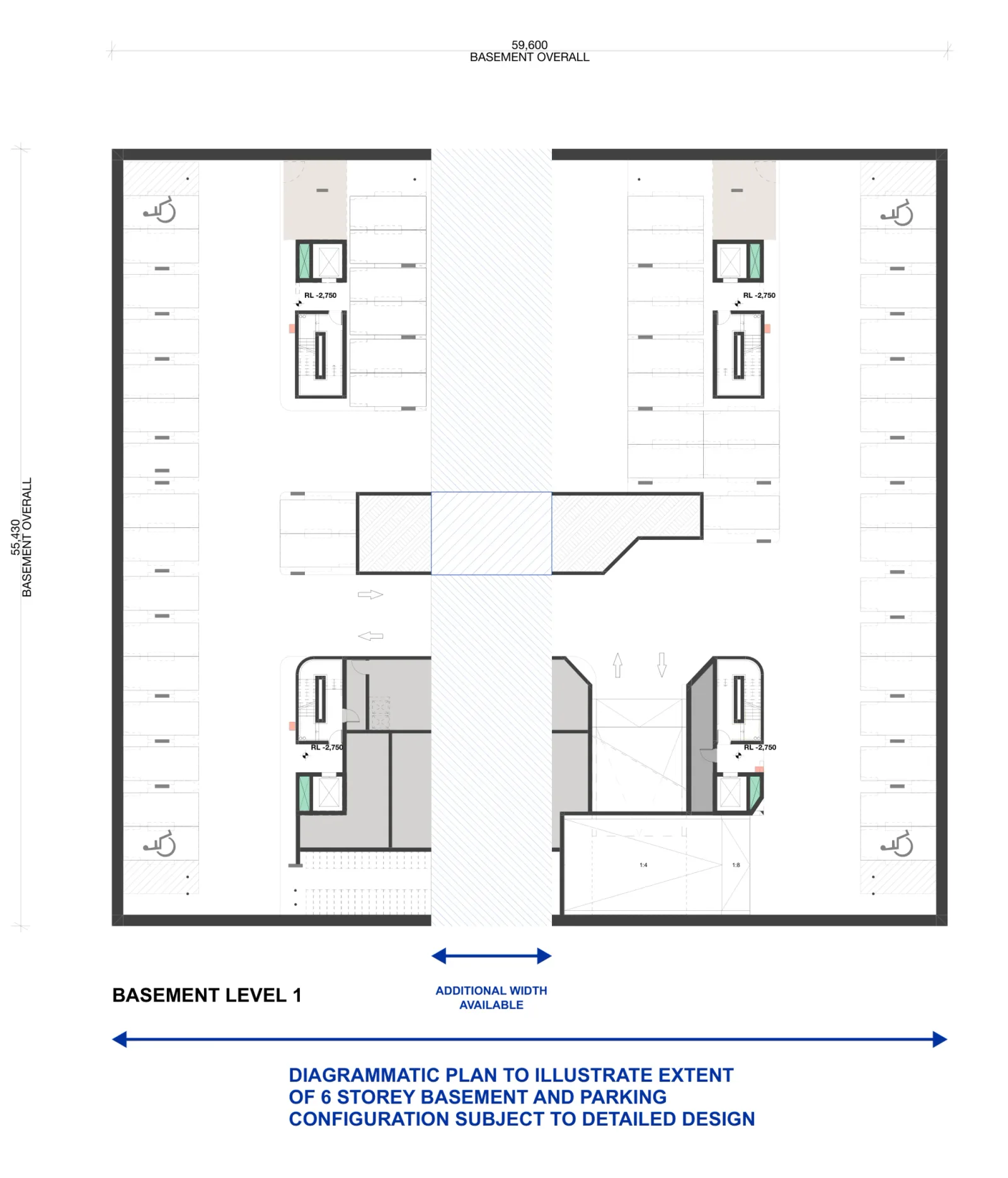 Diagrammatic Basement Level 1 of Large Lot Apartments 02 showing the parking extent, accessible spaces, four lift and stair cores, ramps and the central connection