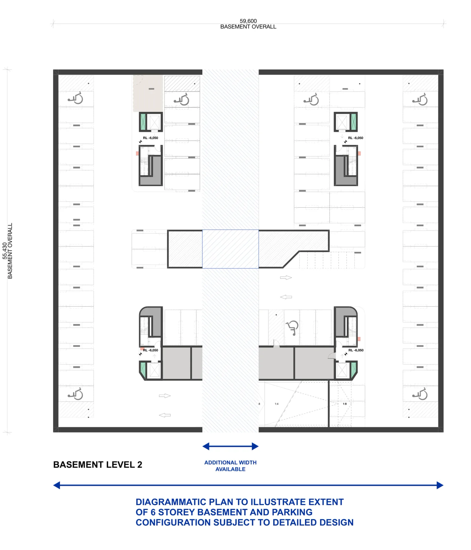 Diagrammatic Basement Level 2 of Large Lot Apartments 02 showing the parking extent, accessible spaces, four lift and stair cores, ramps and the central connection