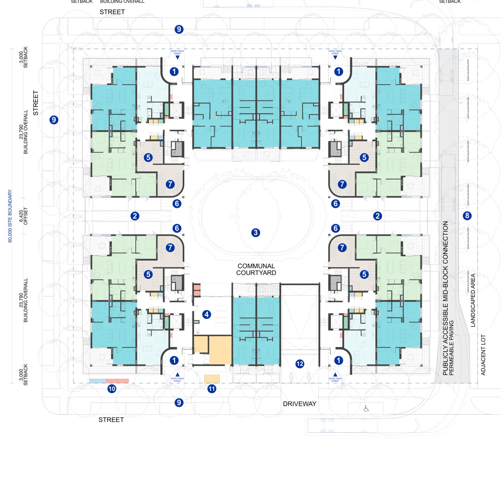 Ground floor of the six storey Rotation 1 basement scheme for Large Lot Apartments 02, showing apartments in four corner blocks and terrace rows, entries, lifts, stairs, services, the central communal courtyard, the public connection and the basement ramp