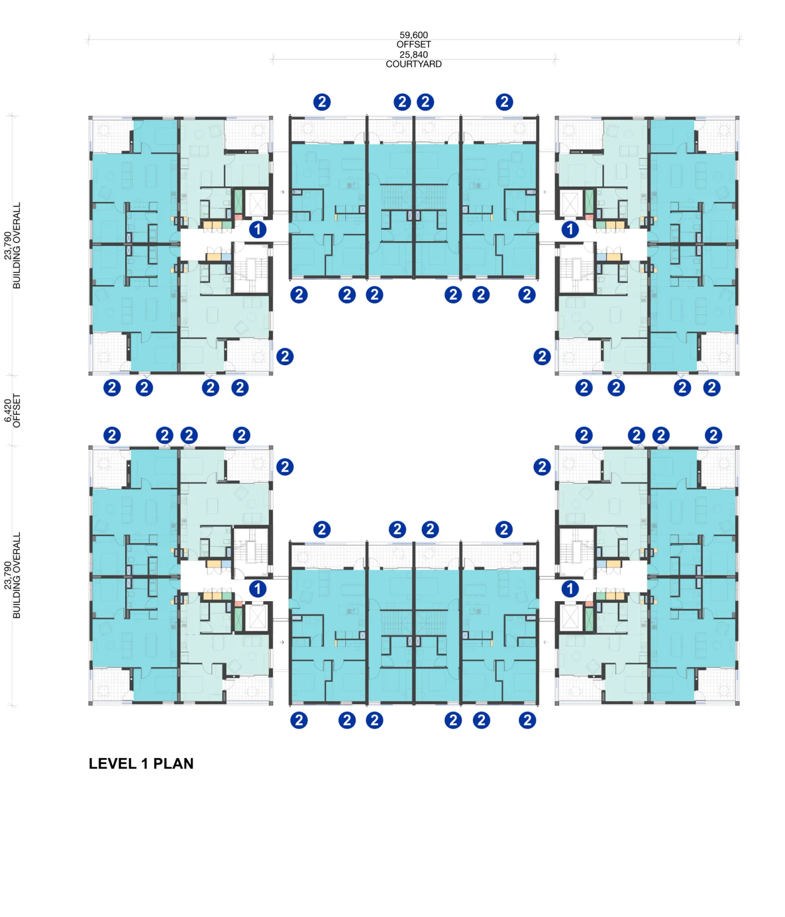 Level 1 of Large Lot Apartments 02 showing apartment layouts in the four corner clusters and the terrace rows around both courtyard spaces, with lifts, stairs and circulation