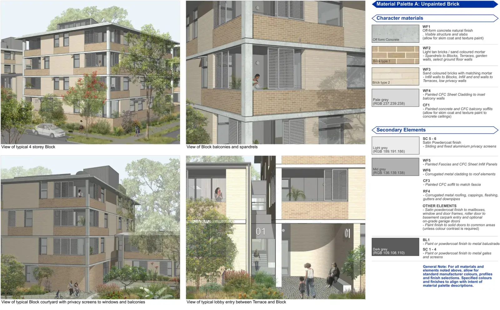 Material Palette A for Large Lot Apartments 02, rendered on the four storey block, using light tan and sand unpainted brick with natural off form concrete, pale grey fibre cement and dark grey metal