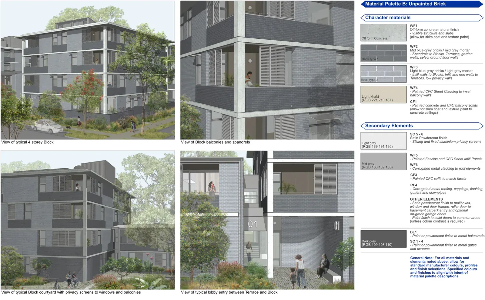 Material Palette B for Large Lot Apartments 02, rendered on the four storey block, using cool blue grey unpainted brick with natural off form concrete, pale grey fibre cement and dark grey metal